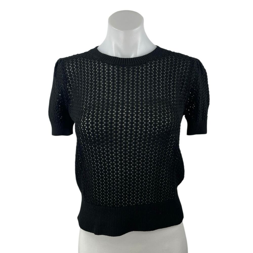 Muse Women's Black Crochet Knit Crewneck Short Puff Sleeve Crop Sweater Top S/P